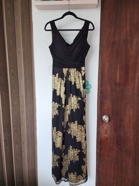 Sangria Black Maxi Dress with Gold Floral Print